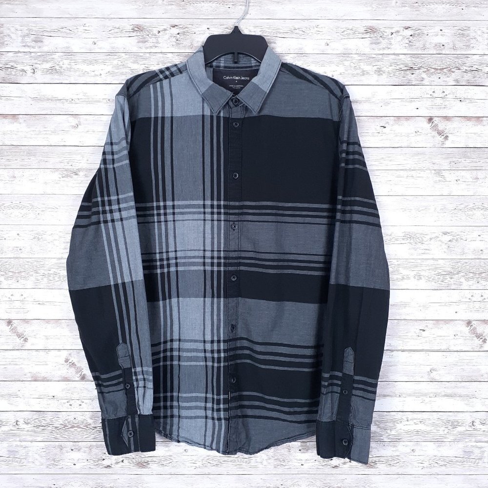 Calvin Klein Jeans Mens Shirt M Black Gray Plaid 636